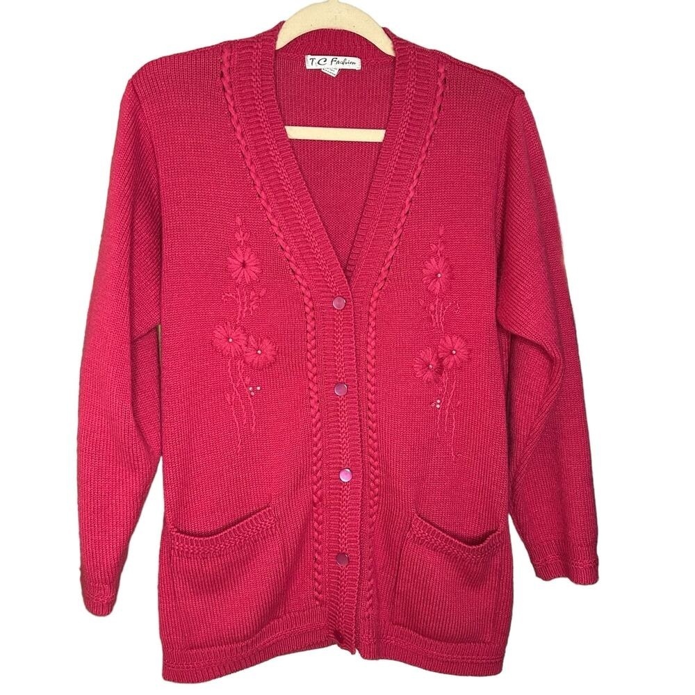 Vintage hot pink embroidered cardigan size L